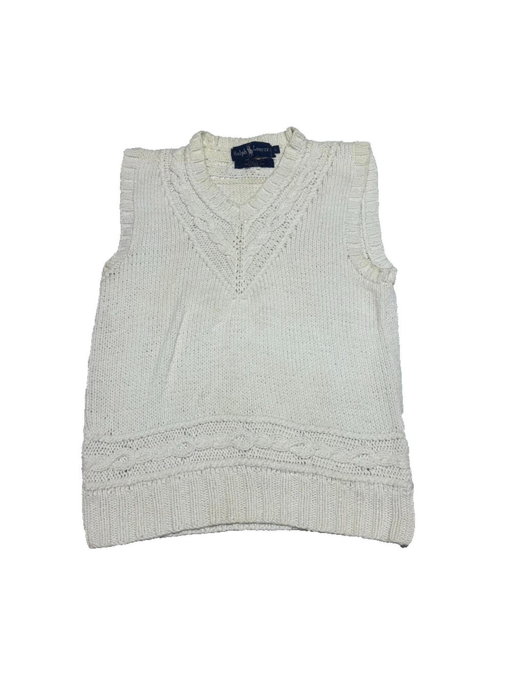 Ralph Lauren Polo Sweater Vest Women L White Cable Knit Tank Top V Neck Cable